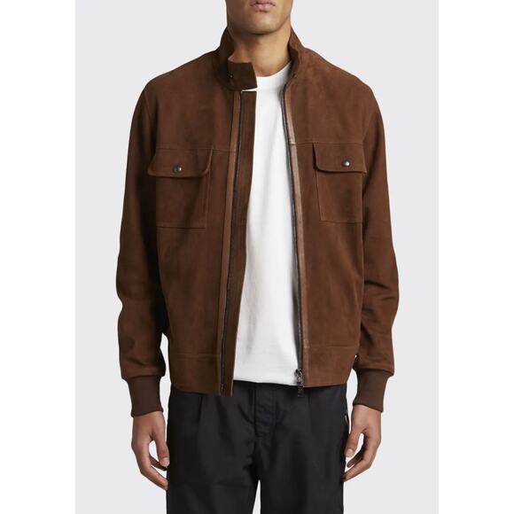$3660 Moncler Courry Suede 2-Pocket Biker Jacket Brown Men Size 2 - NEW - Picture 1 of 16